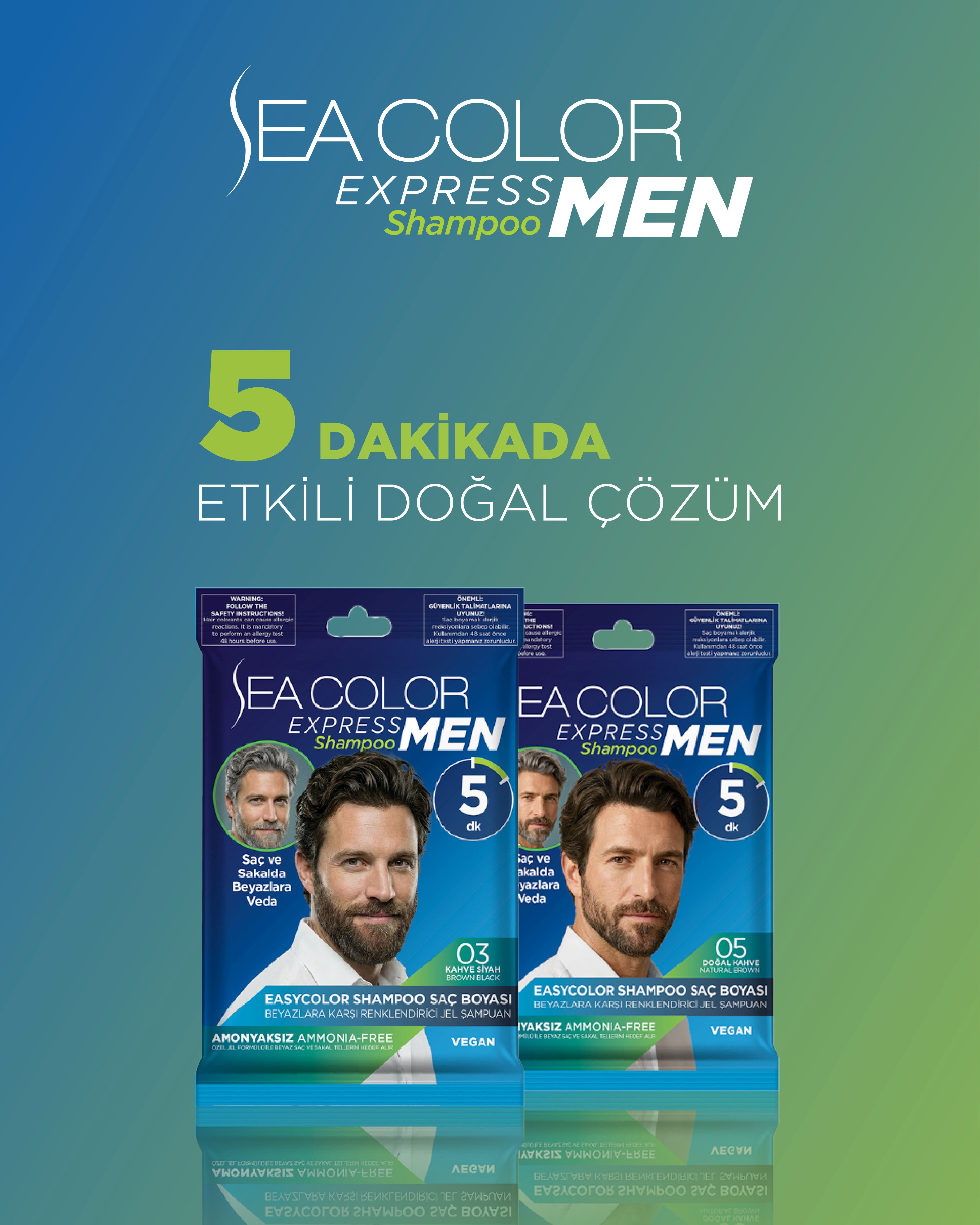 Sea Color Express Men Amonyaksız Şampuan Boya, Şampuan Kolaylığında Erkek Saç Boyası 05 Doğal Kahve
