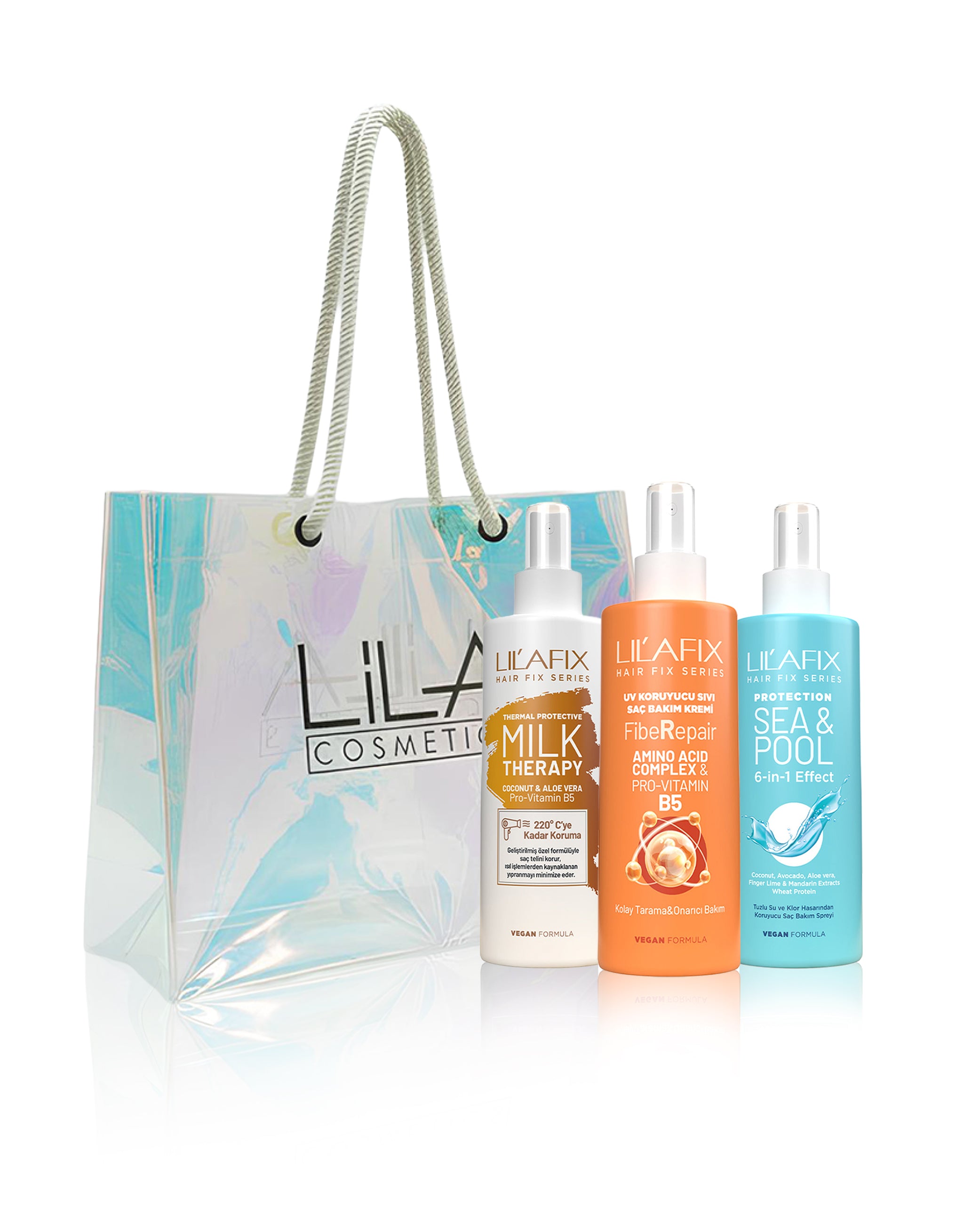 Lilafix 3'lü Saç Bakım Spreyi Seti Milk Therapy-UV Koyuyucu Saç Bakım Kremi-Sea Pool Sprey, Plaj Çantası Hediye!