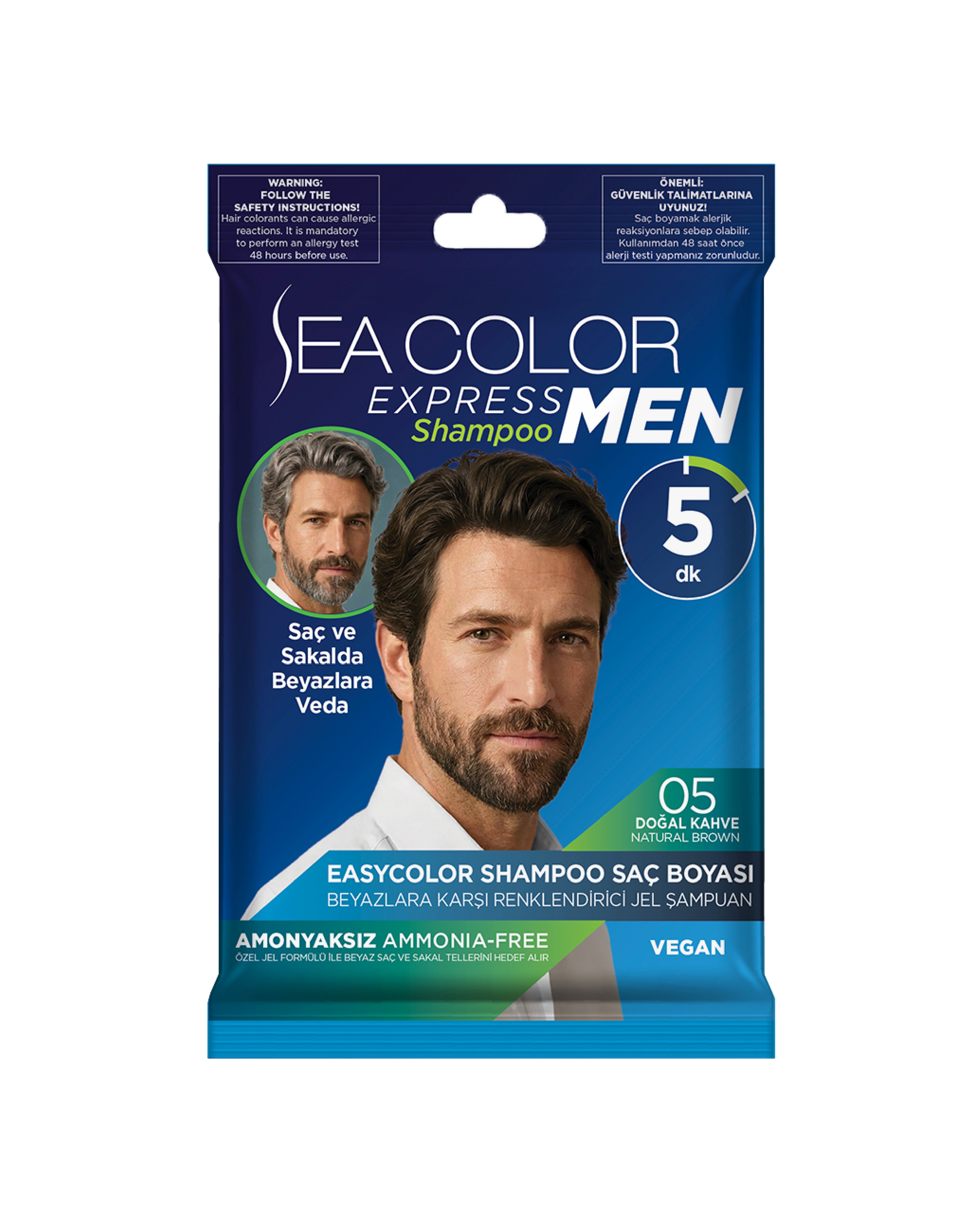 Sea Color Express Men Amonyaksız Şampuan Boya, Şampuan Kolaylığında Erkek Saç Boyası 05 Doğal Kahve