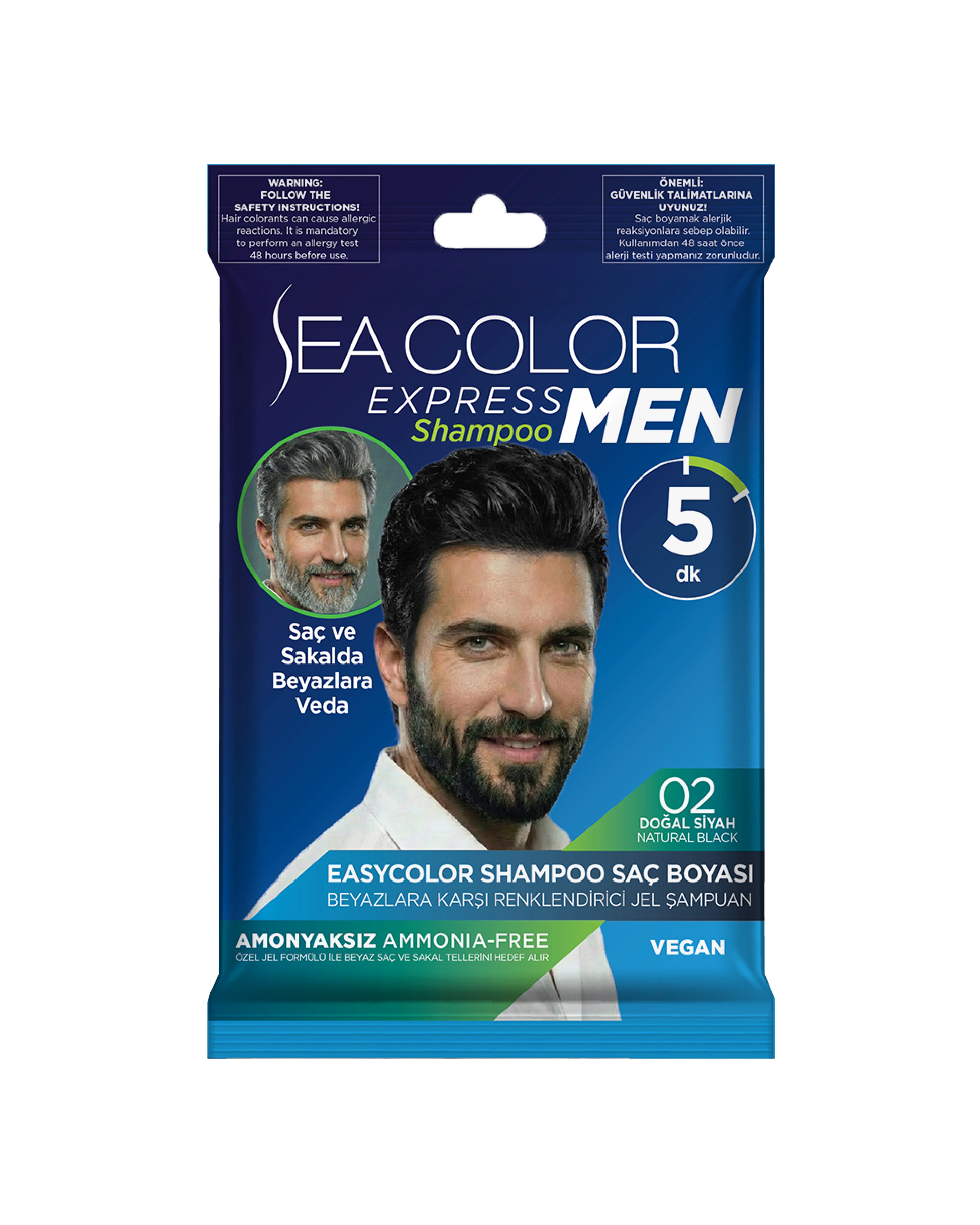 Sea Color Express Men Amonyaksız Şampuan Boya, Şampuan Kolaylığında Erkek Saç Boyası 02 Doğal Siyah
