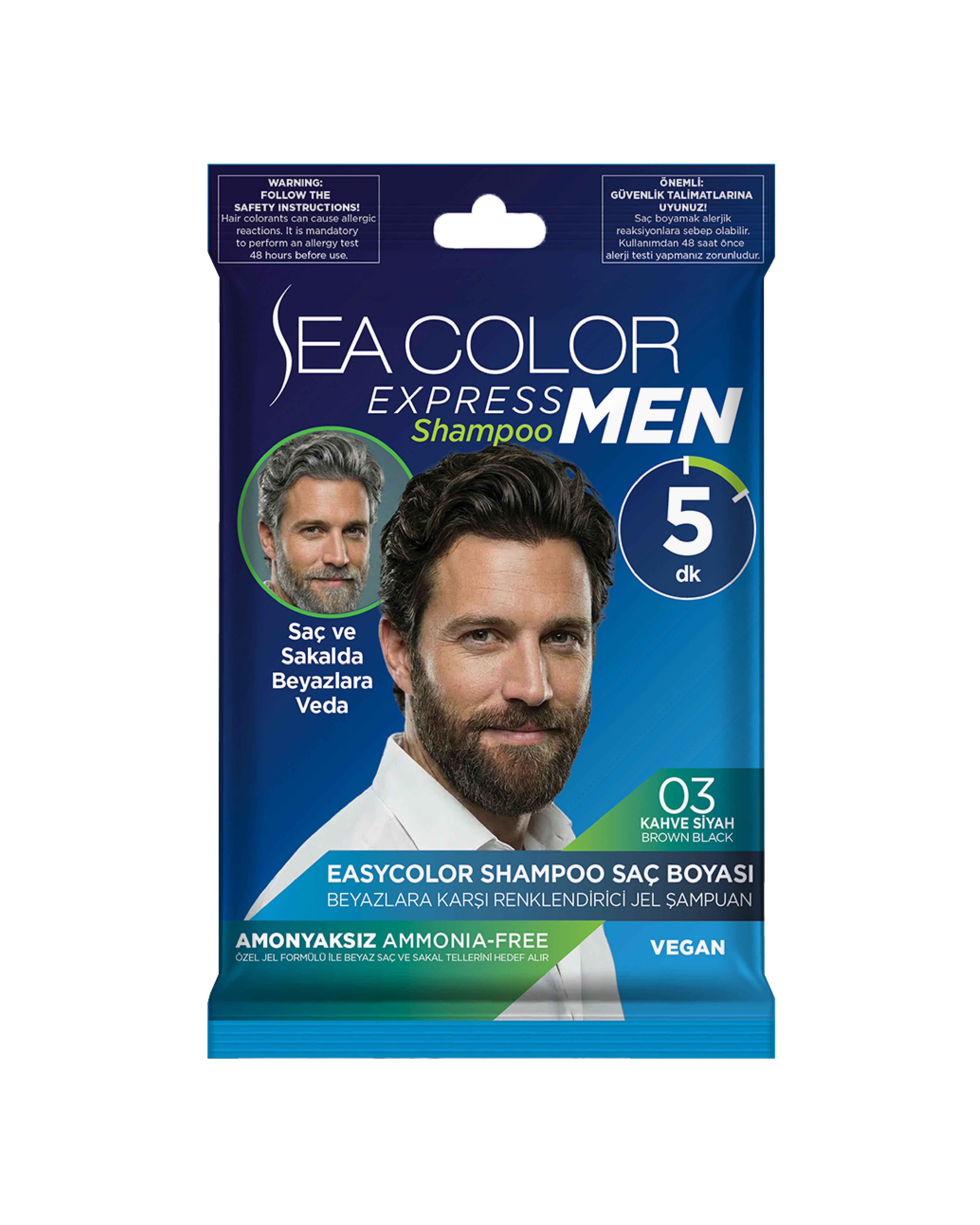 Sea Color Express Men Amonyaksız Şampuan Boya, Şampuan Kolaylığında Erkek Saç Boyası 03 Kahve Siyah